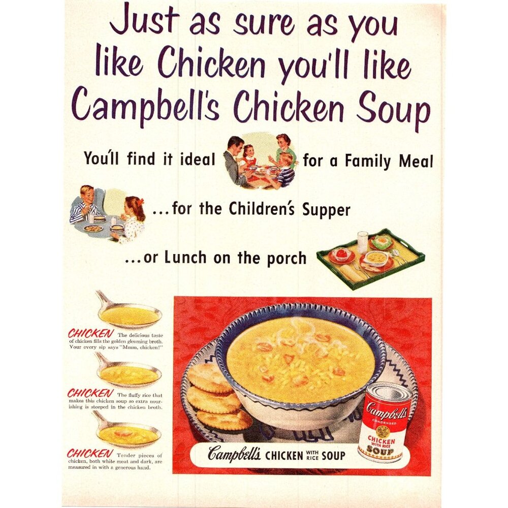 1952 Campbell's Chicken with Rice Soup Vintage Print Ad Family Meal 50s Wall Art